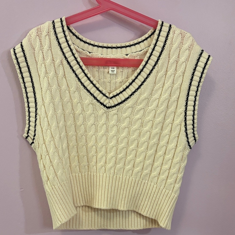 Art Class Cream Knit Sweater Vest with Black Trim